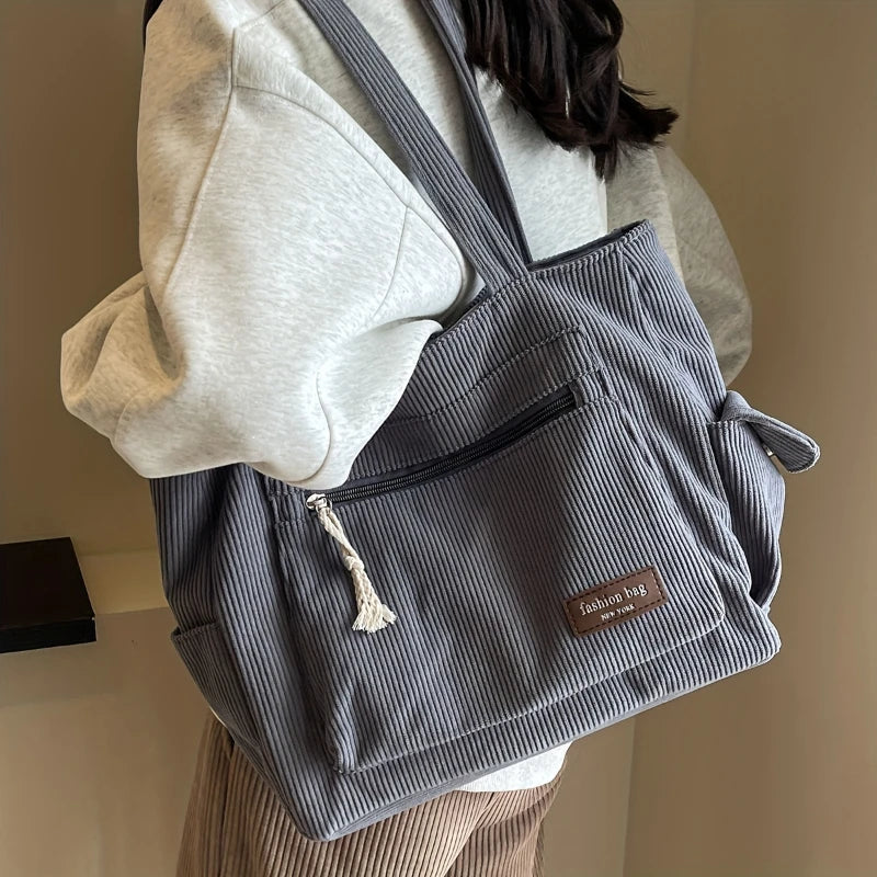 Simple Corduroy Tote Bag, Solid Color Shoulder Bag, Retro Multi Pockets Handbag For School Work Shopping Econic Blanks